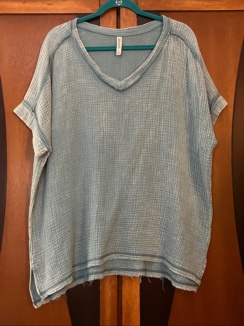 Zenana Aqua Crinkle Cotton Gauze V-Neck Short SleeveTunic w/Decorative Stitching